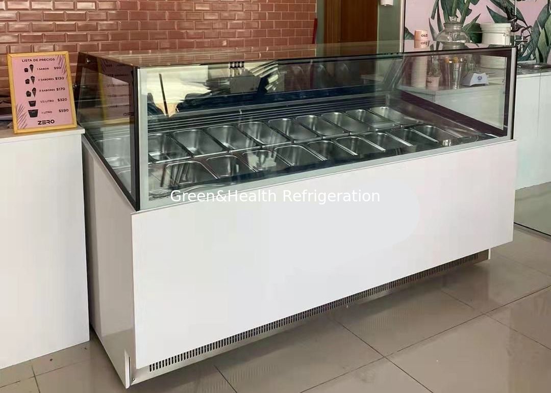 বাণিজ্যিক আইসক্রিম ডিসপ্লে ফ্রিজার 360° প্যানোরামিক দৃশ্যমানতা ডিজিটাল তাপমাত্রা নিয়ন্ত্রণ এবং স্টেইনলেস স্টীল GN প্যান