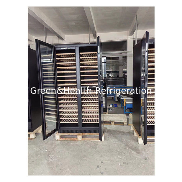 বাণিজ্যিক ব্যবহারের জন্য ডুয়াল-জোন তাপমাত্রা ওয়াইন কুলার এবং 316 বোতল ধারণক্ষমতা সহ বিচ কাঠের তাক