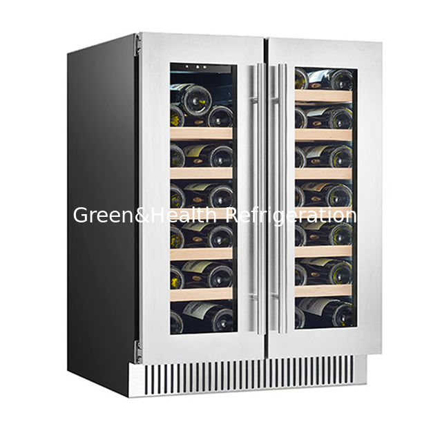 ইটিএল শংসাপত্র 68 বোতল দুটি গ্লাস দরজা দুটি স্বাধীন তাপমাত্রা অঞ্চল ওক কাঠের তাক লাল ওয়াইন সঞ্চয় রেফ্রিজারেট ফ্রিজার