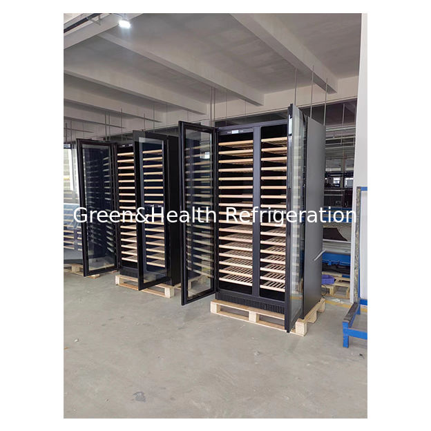 ইটিএল শংসাপত্র 68 বোতল দুটি গ্লাস দরজা দুটি স্বাধীন তাপমাত্রা অঞ্চল ওক কাঠের তাক লাল ওয়াইন সঞ্চয় রেফ্রিজারেট ফ্রিজার