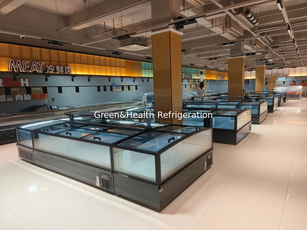 স্লাইডিং প্যানোরামিক গ্লাস ডোর সুপারমার্কেট আইল্যান্ড ফ্রিজার বড় ক্ষমতা সম্পন্ন বুক ফ্রিজার, যা জমাট খাদ্য প্রদর্শনের জন্য ব্যবহৃত হয়