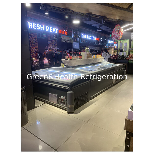 সুপারমার্কেট/স্টোর অনুভূমিক বড় ফ্রিজড ফুড স্টোরেজ ডিসপ্লে দ্বীপ ক্যাবিনেট রেফ্রিজারেটর