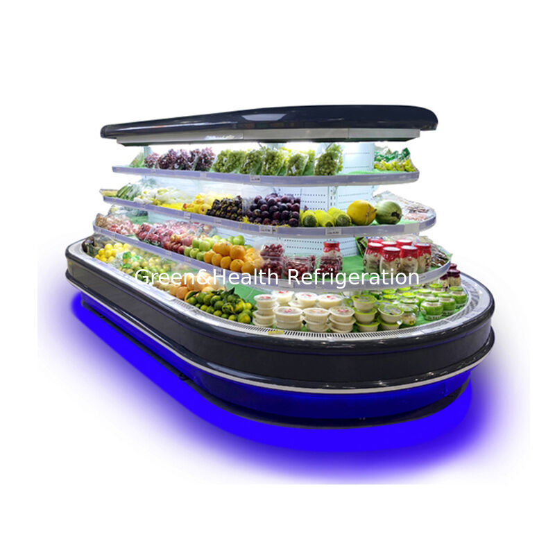 সুপারমার্কেট ডিসপ্লের জন্য স্বয়ংক্রিয় ডিফ্রস্ট এলইডি আলো এবং শক্তি সাশ্রয়ী বাণিজ্যিক মাল্টিডেক খোলা চিলার