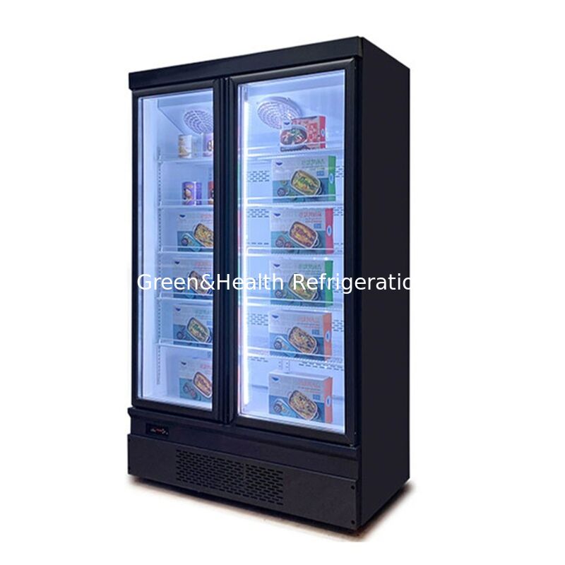 Bottom Mounted Upright 2 Glass Door Commercial Display Freezer with Automatic Defrost and Stainless Steel Exterior