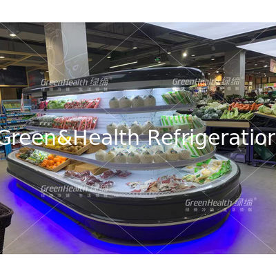 কাস্টম দ্বীপ পণ্য প্রদর্শন বৃত্তাকার মন্ত্রিসভা মাল্টি ডেক ওপেন চিলার