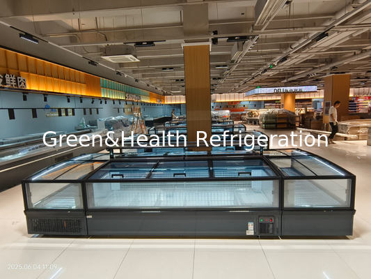 সুপারমার্কেট দ্বীপ ফ্রিজার প্যানোরামিক গ্লাস ফ্রিজার অটো ডিফ্রস্ট দ্বীপ ফ্রিজার এলইডি আলো সহ