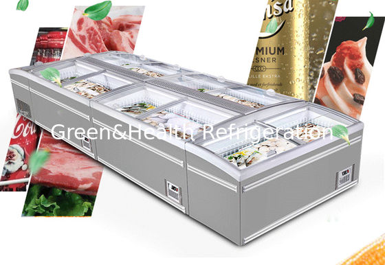 কাচের দরজা সহ সম্মিলিত দ্বীপ ক্যাবিনেট সুপারমার্কেট চেস্ট ফ্রিজার